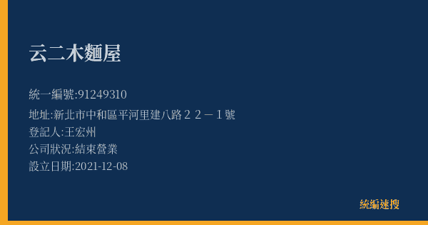 云二木麵屋的照片-統編 91249310(新北市) 公司登記資料與營業項目詳細圖表