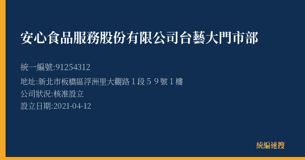安心食品服務股份有限公司台藝大門市部的照片-統編 91254312(新北市) 公司登記資料與營業項目詳細圖表