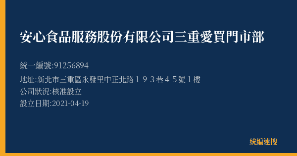 安心食品服務股份有限公司三重愛買門市部的照片-統編 91256894(新北市) 公司登記資料與營業項目詳細圖表