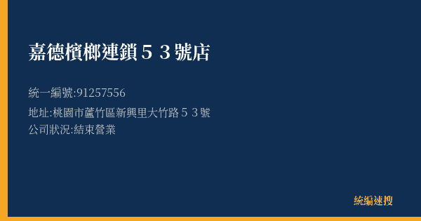 嘉德檳榔連鎖53號店的照片-統編 91257556(桃園市) 公司登記資料與營業項目詳細圖表