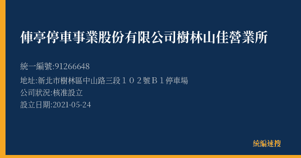 俥亭停車事業股份有限公司樹林山佳營業所的照片-統編 91266648(新北市) 公司登記資料與營業項目詳細圖表
