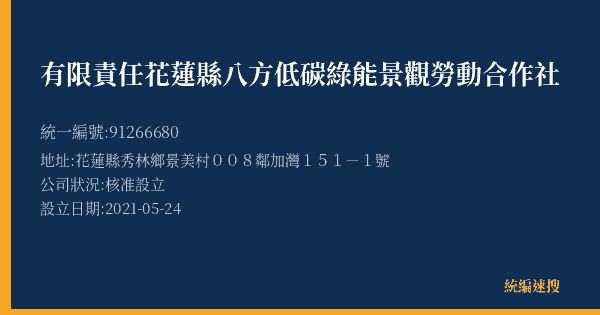 有限責任花蓮縣八方低碳綠能景觀勞動合作社的照片-統編 91266680(花蓮縣) 公司登記資料與營業項目詳細圖表