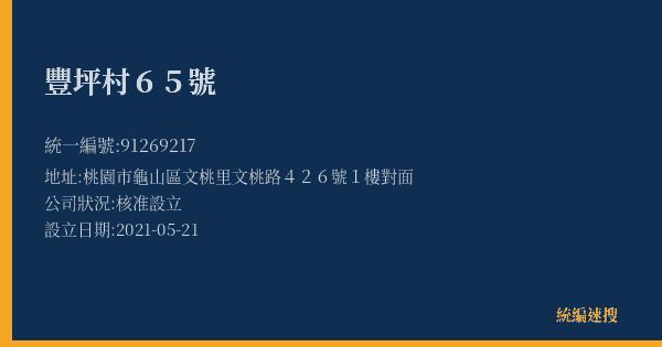豐坪村65號的照片-統編 91269217(桃園市) 公司登記資料與營業項目詳細圖表