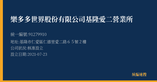 樂多多世界股份有限公司基隆愛二營業所的照片-統編 91279910(基隆市) 公司登記資料與營業項目詳細圖表