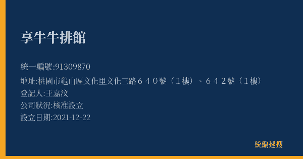 享牛牛排館的照片-統編 91309870(桃園市) 公司登記資料與營業項目詳細圖表
