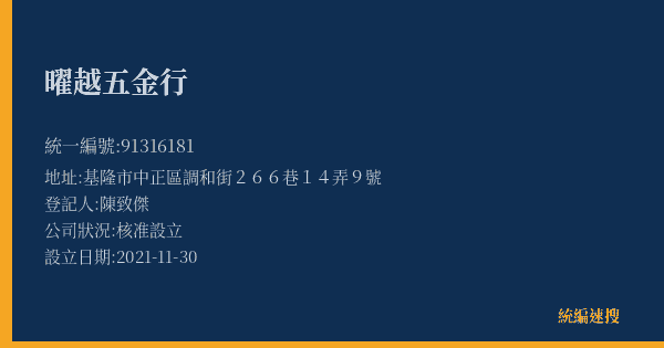 曜越五金行的照片-統編 91316181(基隆市) 公司登記資料與營業項目詳細圖表