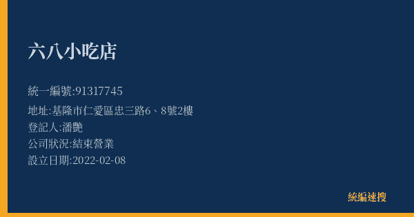 六八小吃店的照片-統編 91317745(基隆市) 公司登記資料與營業項目詳細圖表