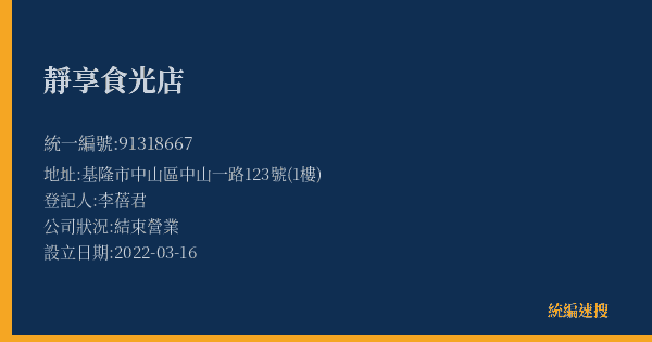 靜享食光店的照片-統編 91318667(基隆市) 公司登記資料與營業項目詳細圖表
