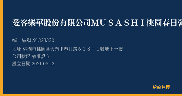 愛客樂華股份有限公司MUSASHI桃園春日營業所的照片-統編 91323330(桃園市) 公司登記資料與營業項目詳細圖表