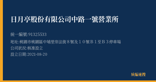 日月亭股份有限公司中路一號營業所的照片-統編 91325533(桃園市) 公司登記資料與營業項目詳細圖表