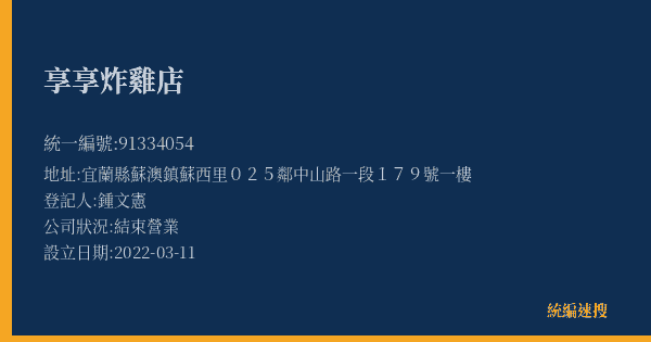 享享炸雞店的照片-統編 91334054(宜蘭縣) 公司登記資料與營業項目詳細圖表