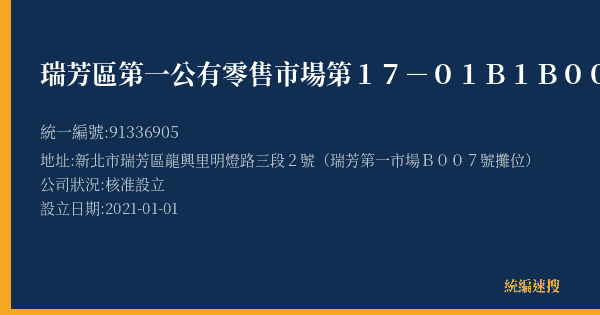 瑞芳區第一公有零售市場第17-01B1B007號攤位的照片-統編 91336905(新北市) 公司登記資料與營業項目詳細圖表