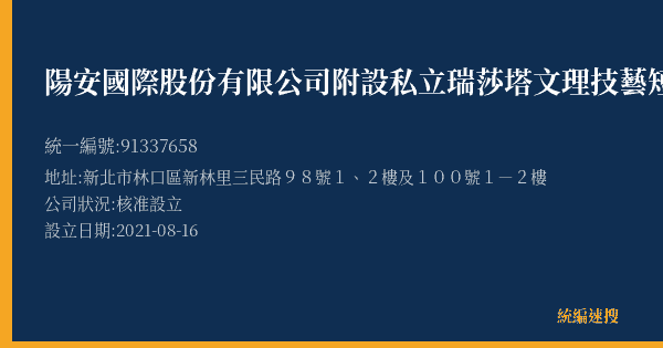 陽安國際股份有限公司附設私立瑞莎塔文理技藝短期補習班的照片-統編 91337658(新北市) 公司登記資料與營業項目詳細圖表