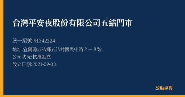 台灣平安夜股份有限公司五結門市的照片-統編 91342224(宜蘭縣) 公司登記資料與營業項目詳細圖表