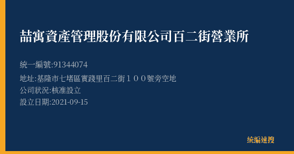 喆寓資產管理股份有限公司百二街營業所的照片-統編 91344074(基隆市) 公司登記資料與營業項目詳細圖表