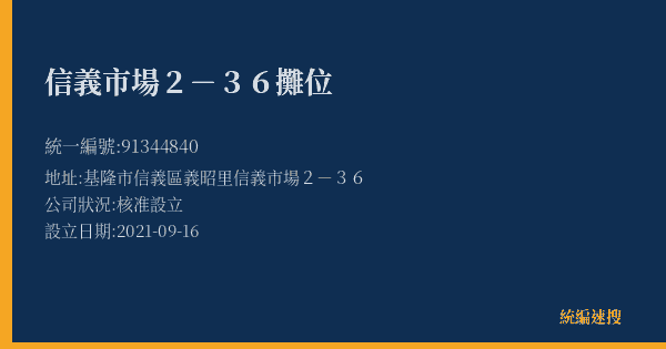 信義市場2-36攤位的照片-統編 91344840(基隆市) 公司登記資料與營業項目詳細圖表