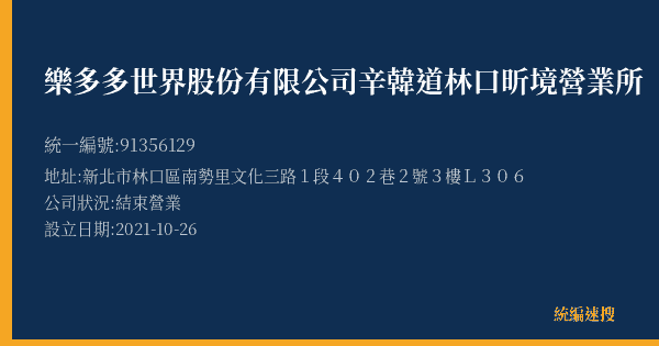樂多多世界股份有限公司辛韓道林口昕境營業所的照片-統編 91356129(新北市) 公司登記資料與營業項目詳細圖表