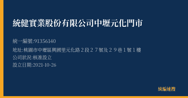 統健實業股份有限公司中壢元化門市的照片-統編 91356140(桃園市) 公司登記資料與營業項目詳細圖表