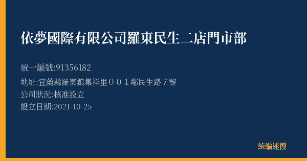 依夢國際有限公司羅東民生二店門市部的照片-統編 91356182(宜蘭縣) 公司登記資料與營業項目詳細圖表