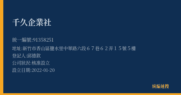 千久企業社的照片-統編 91358251(新竹市) 公司登記資料與營業項目詳細圖表