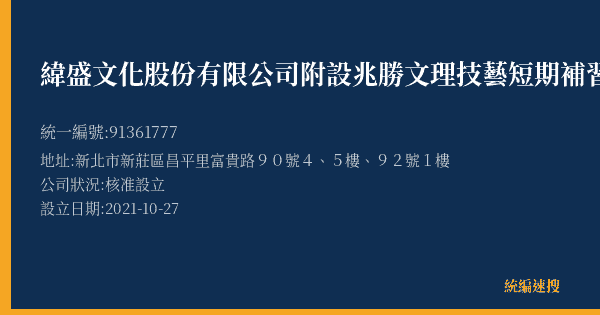 緯盛文化股份有限公司附設兆勝文理技藝短期補習班的照片-統編 91361777(新北市) 公司登記資料與營業項目詳細圖表