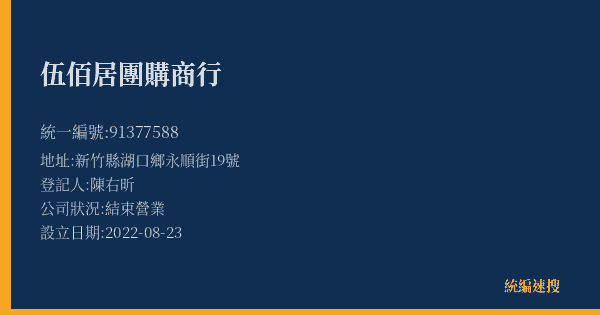 伍佰居團購商行的照片-統編 91377588(新竹縣) 公司登記資料與營業項目詳細圖表