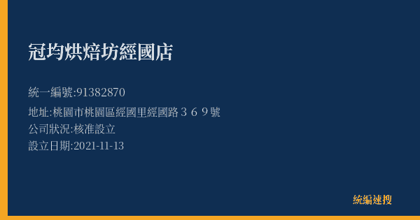 冠均烘焙坊經國店的照片-統編 91382870(桃園市) 公司登記資料與營業項目詳細圖表