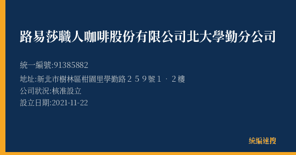 路易莎職人咖啡股份有限公司北大學勤分公司的照片-統編 91385882(新北市) 公司登記資料與營業項目詳細圖表