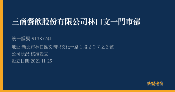 三商餐飲股份有限公司林口文一門市部的照片-統編 91387241(新北市) 公司登記資料與營業項目詳細圖表