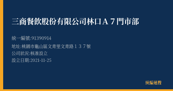 三商餐飲股份有限公司林口A7門市部的照片-統編 91390914(桃園市) 公司登記資料與營業項目詳細圖表