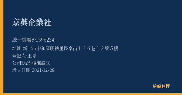 京英企業社的照片-統編 91396234(新北市) 公司登記資料與營業項目詳細圖表