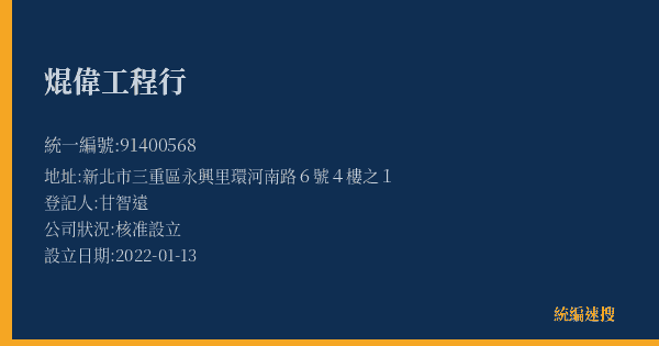 焜偉工程行的照片-統編 91400568(新北市) 公司登記資料與營業項目詳細圖表