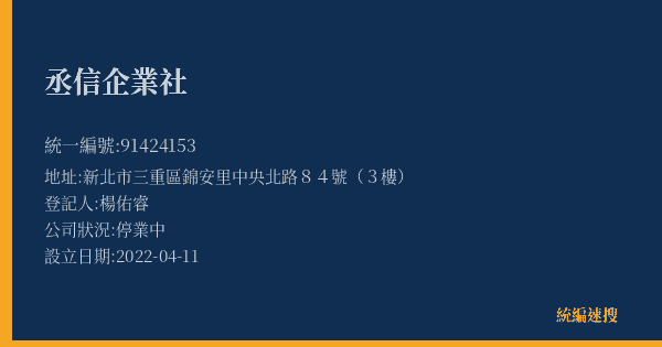 丞信企業社的照片-統編 91424153(新北市) 公司登記資料與營業項目詳細圖表