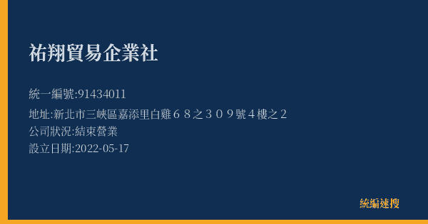 祐翔貿易企業社的照片-統編 91434011(新北市) 公司登記資料與營業項目詳細圖表