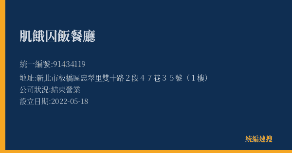 肌餓囚飯餐廳的照片-統編 91434119(新北市) 公司登記資料與營業項目詳細圖表