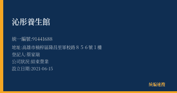沁彤養生館的照片-統編 91441688(高雄市) 公司登記資料與營業項目詳細圖表