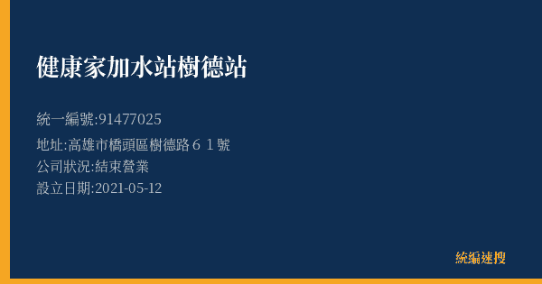 健康家加水站樹德站的照片-統編 91477025(高雄市) 公司登記資料與營業項目詳細圖表