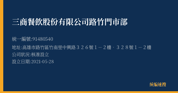 三商餐飲股份有限公司路竹門市部的照片-統編 91480540(高雄市) 公司登記資料與營業項目詳細圖表