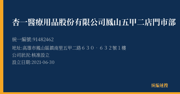 杏一醫療用品股份有限公司鳳山五甲二店門市部的照片-統編 91482462(高雄市) 公司登記資料與營業項目詳細圖表