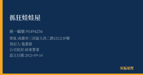 抓狂娃娃屋的照片-統編 91494256(高雄市) 公司登記資料與營業項目詳細圖表