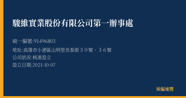 駿維實業股份有限公司第一辦事處的照片-統編 91496803(高雄市) 公司登記資料與營業項目詳細圖表