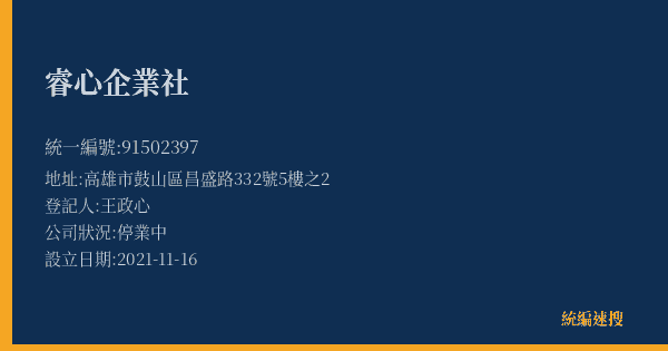 睿心企業社的照片-統編 91502397(高雄市) 公司登記資料與營業項目詳細圖表