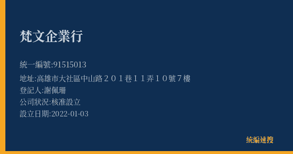 梵文企業行的照片-統編 91515013(高雄市) 公司登記資料與營業項目詳細圖表