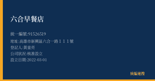 六合早餐店的照片-統編 91526519(高雄市) 公司登記資料與營業項目詳細圖表