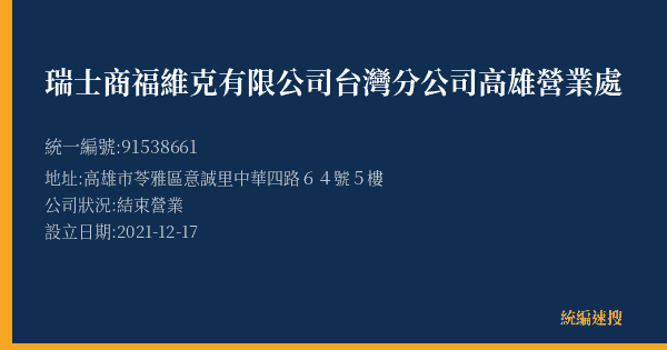 瑞士商福維克有限公司台灣分公司高雄營業處的照片-統編 91538661(高雄市) 公司登記資料與營業項目詳細圖表