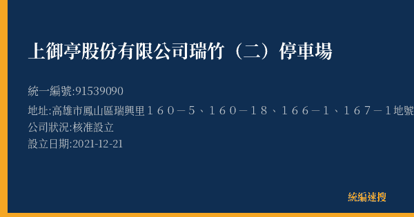 上御亭股份有限公司瑞竹(二)停車場的照片-統編 91539090(高雄市) 公司登記資料與營業項目詳細圖表