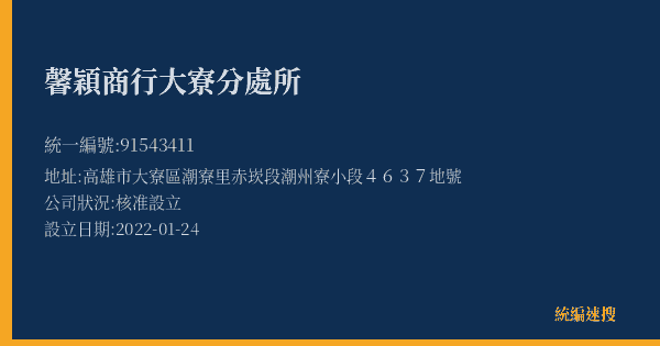 馨穎商行大寮分處所的照片-統編 91543411(高雄市) 公司登記資料與營業項目詳細圖表