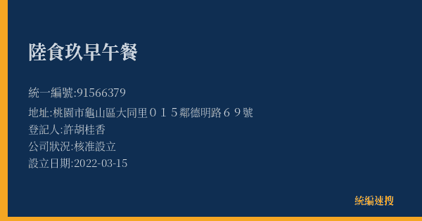陸食玖早午餐的照片-統編 91566379(桃園市) 公司登記資料與營業項目詳細圖表
