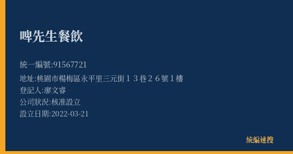 啤先生餐飲的照片-統編 91567721(桃園市) 公司登記資料與營業項目詳細圖表