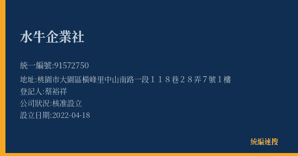 水牛企業社的照片-統編 91572750(桃園市) 公司登記資料與營業項目詳細圖表